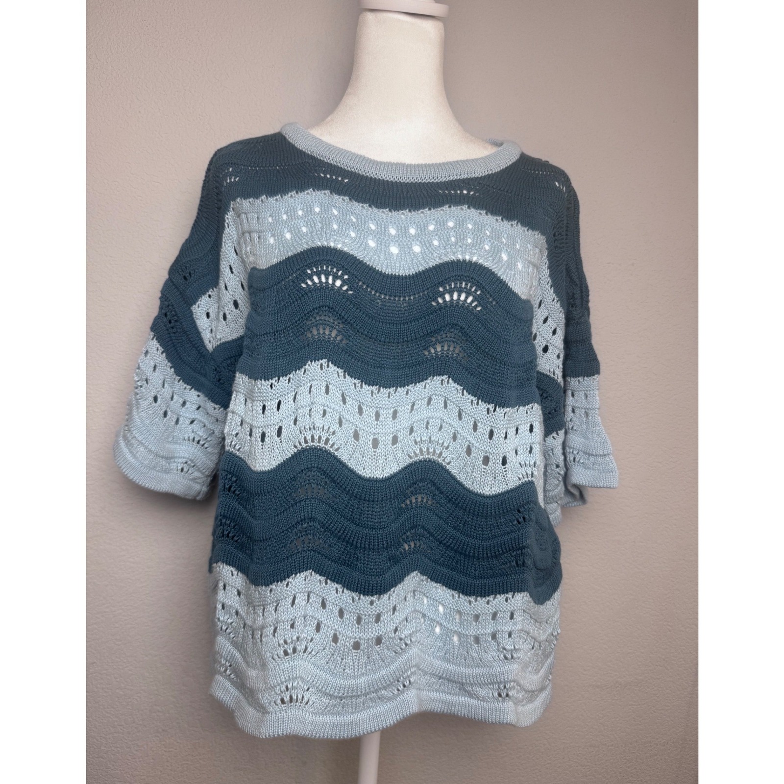 Anthropologie Blue Wave Pointelle Knit Short Sleeve Sweater Top Medium Nwt Boho